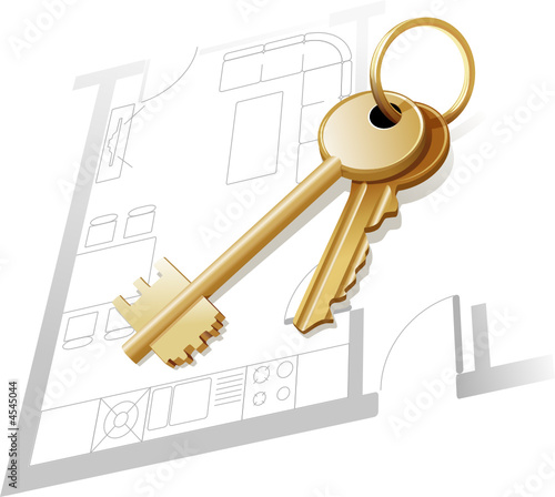 Gold keys, home plan, blueprint, realty. Vector illustration