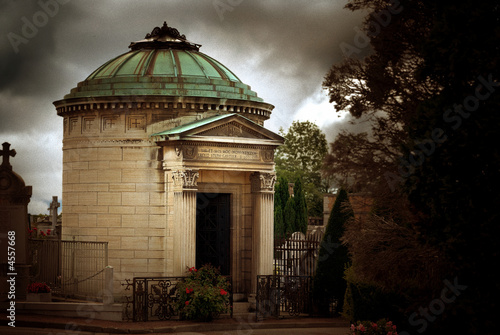 Mausoleum in Ancient Graveyard in France with Film Grain Effect