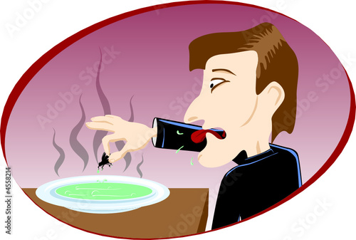 Man eat disgusting soup with fly