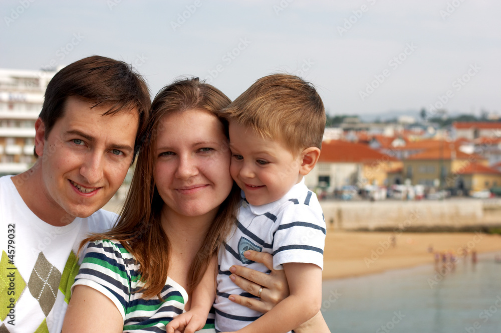 Happy family of three at European destination Happy family of three at European destination