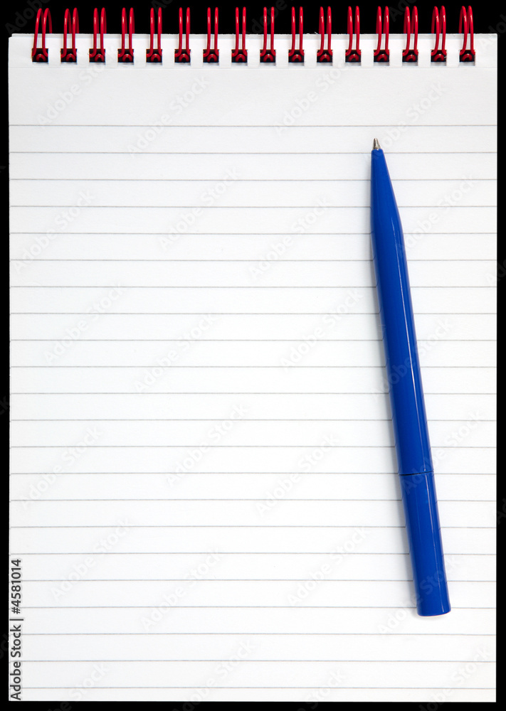 A notepad with red rings and a blue pen on a black background. A notepad with red rings and a blue pen on a black background.