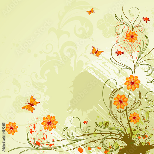 Grunge paint flower background with butterfly  vector