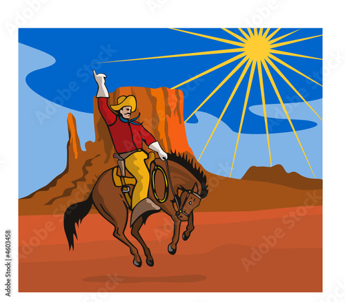 Rodeo cowboy riding a bucking bronco