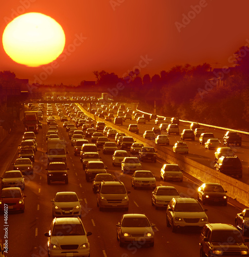 Traffic jam in Los Angeles at sunset