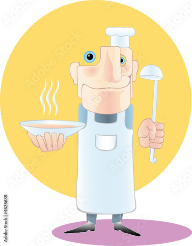 A chef cook with a plate of hot soup and a serving spoon.