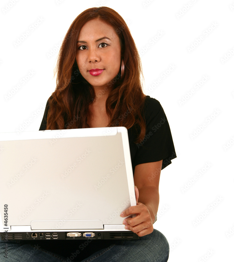 Naklejka premium Beautiful Model Holding Laptop And Smile