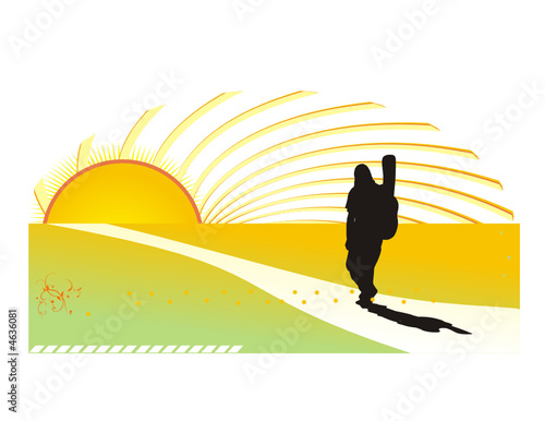 hombre caminando hacia el atardecer en vector