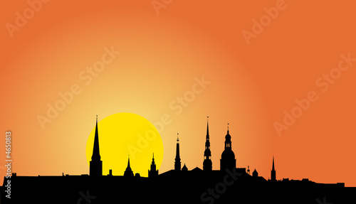 Old Riga panorama silhouette at sunrise (Vector illustration)