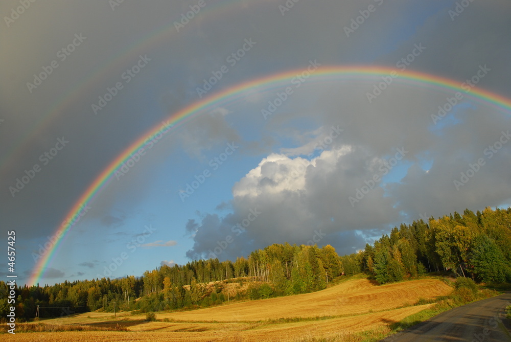 Rainbow over Autumn field - obrazy, fototapety, plakaty 