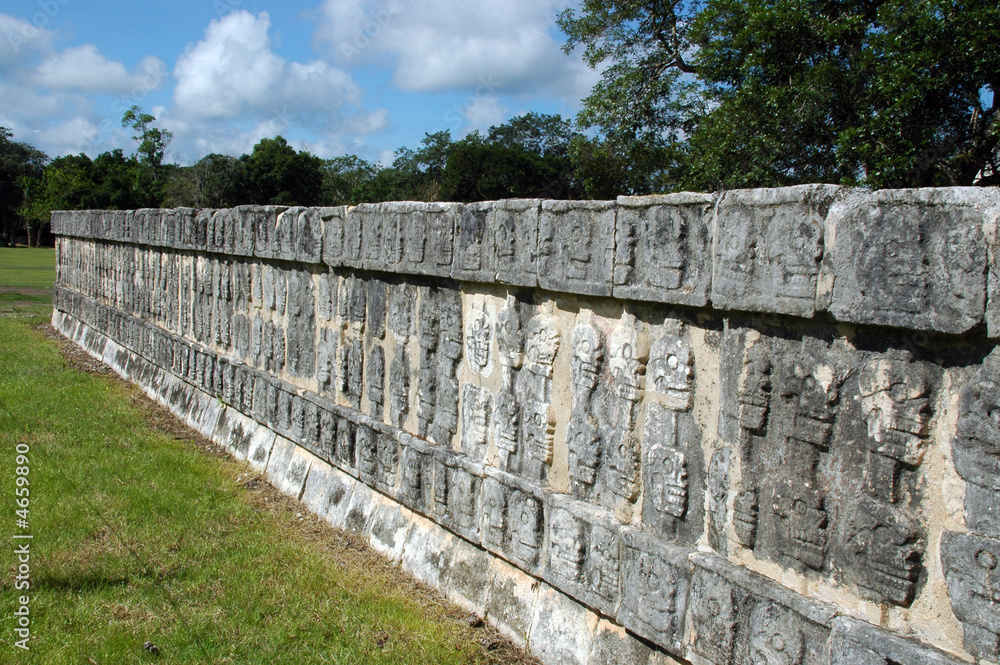 Wall of Skulls in Ancient Mayan Ruins