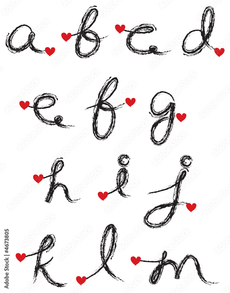 black charcoal cursive alphabet with red heart - part 1
