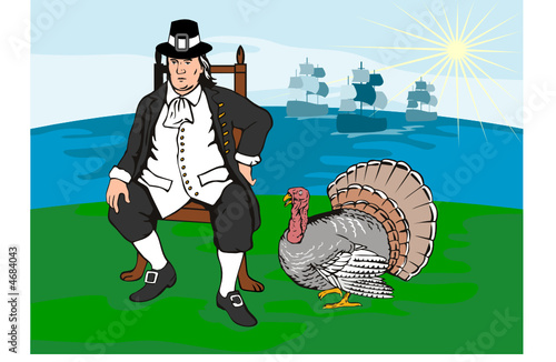 Pilgrim with turkey and ships