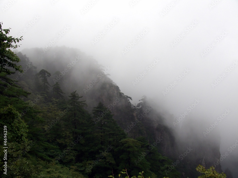 Monts Huang Shan dans la brume, Chine
