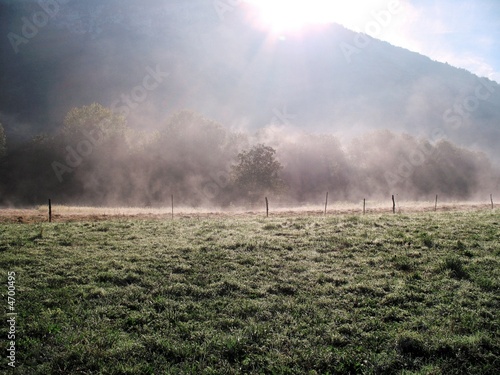 Paysage de Savoie (champs dans la brume du matin)