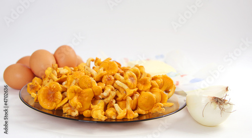 Chanterelle on plate, near eggs, onion and butter
