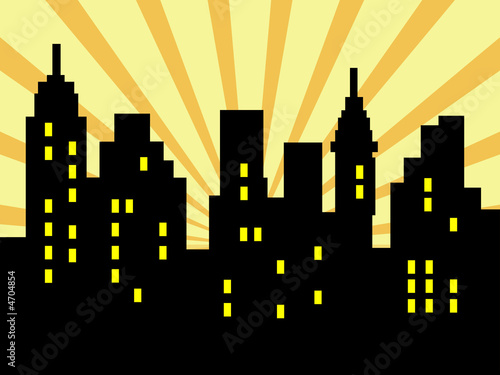 Abstract city silhouette against retro rays background