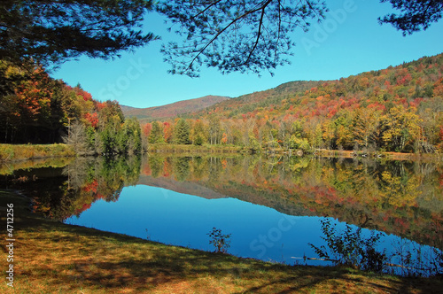 Reflections in a pond during fall foliage season in Vermont.