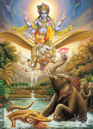 BHAGWAN VISHNU SAVING ELEPHENT FROM THE JAW OF CROCODILE