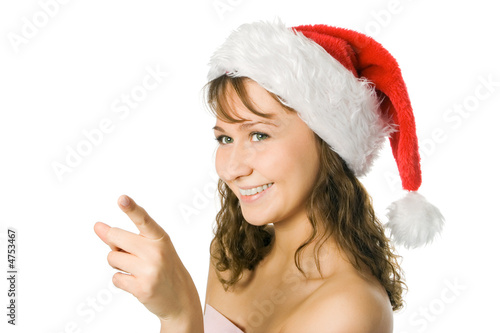 Fotografija curly-headed beauty woman in red santa cap