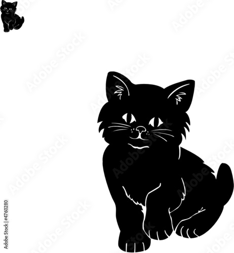 Silhouette vettoriale di un simpatico gattino nero con una zampa sollevata e lo sguardo in avanti.