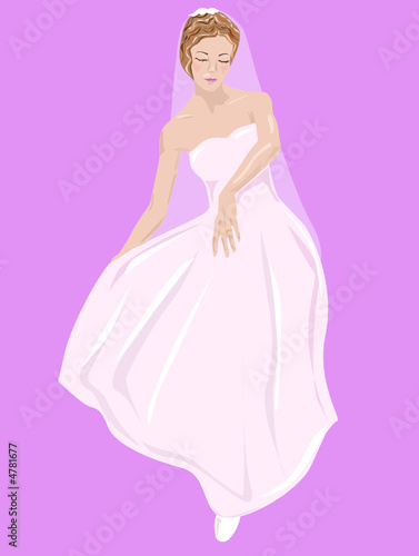 Young bashful bride in wedding dress