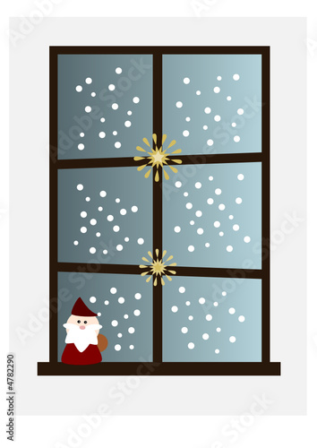 Weihnachten: Schneefall und dekoriertes Fenster 