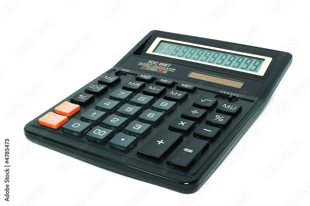 Black calculator, isolated on a white background. Black calculator, isolated on a white background.