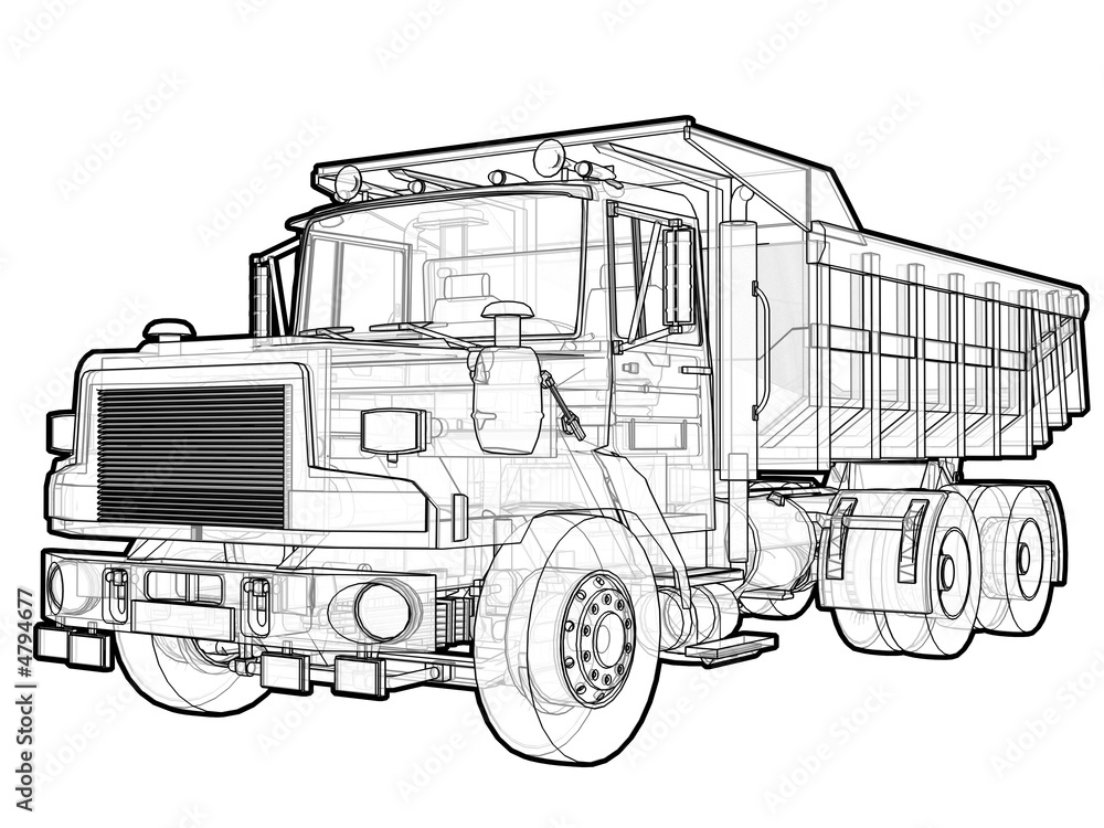 Perspective illustration of a tipper truck in black and white. Stock ...