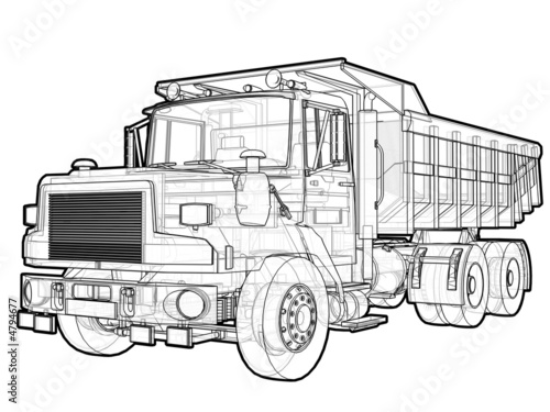 Perspective illustration of a tipper truck in black and white.