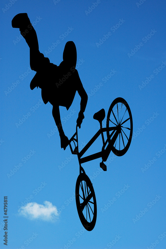 Trick cyclist against sky