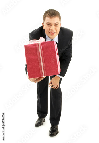 happy businessman with pink gift package