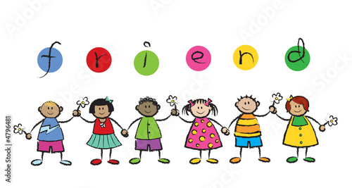 We are FRIENDS! - cartoon illustration of multi racial kids
