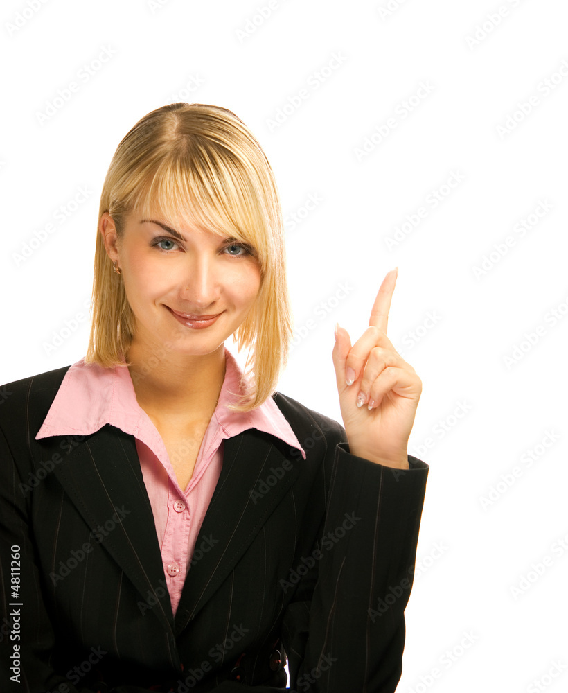 Beautiful business woman pointing her finger. Isolated on white