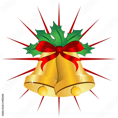 Christmas bells ornamented with holly and ribbon