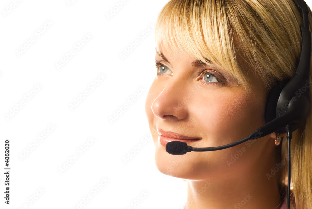 Friendly hotline operator isolated on white background Friendly hotline operator isolated on white background