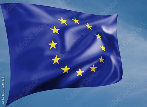 Rippled European flag on a sky background