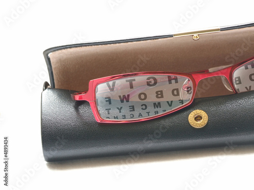 Eyeglasses in case with reflection of eyetest photo