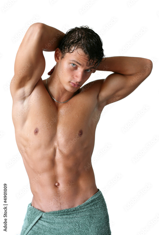 Wet Muscular Man Wrapped in Towel Isolated on White Wet Muscular Man Wrapped in Towel Isolated on White