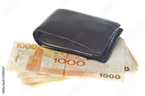 Hong Kong currency and wallet isolated on white background