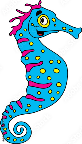 Funny cartoon Blue seahorse isolated on white