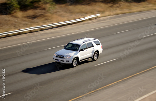 Pan Blur of White Vehicle on Highway