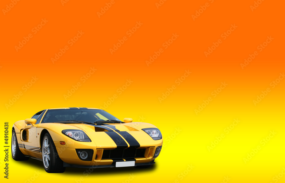 Fototapeta premium Yellow super car on a bright orange gradient background