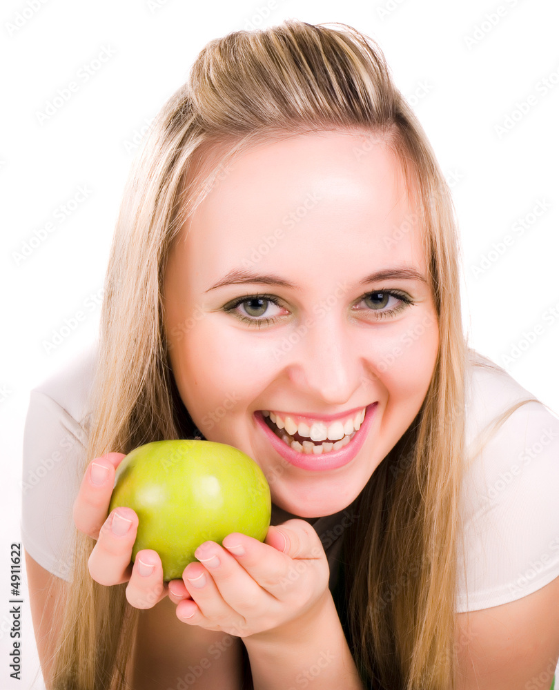 Beautifu smillingl girl with green juicy apple Beautifu smillingl girl with green juicy apple