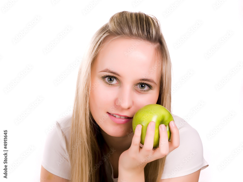 beautiful girl with green apple in hand beautiful girl with green apple in hand