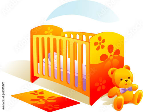 Nursery, baby in bed, teddy bear, carpet. Vector illustration