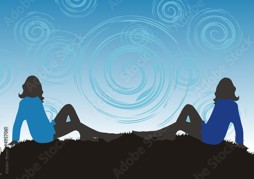 Womans on grass, background, illustration
