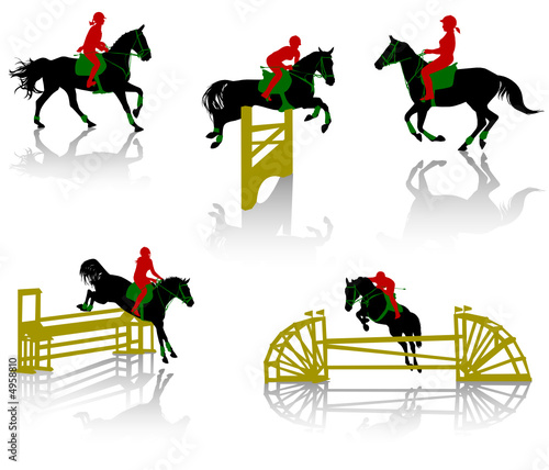 Silhouettes of equestrians on horses during competitions