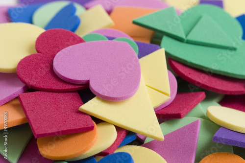 Hearts,squares and round foam pieces for school art project