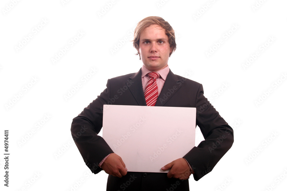 businessman with blank card pointing and smiling businessman with blank card pointing and smiling