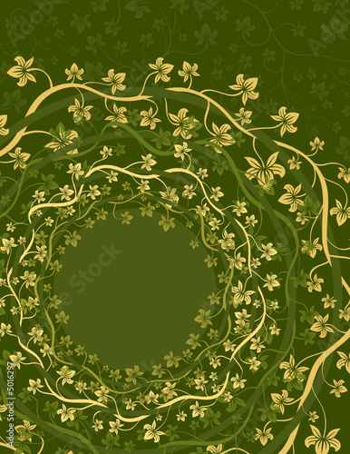 Shades of yellow and green ornate floral vines in circles